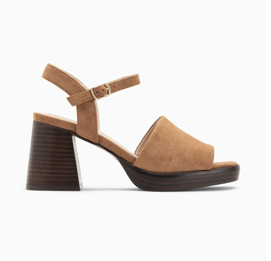 Tyrah camel platform sandals with wooden heel