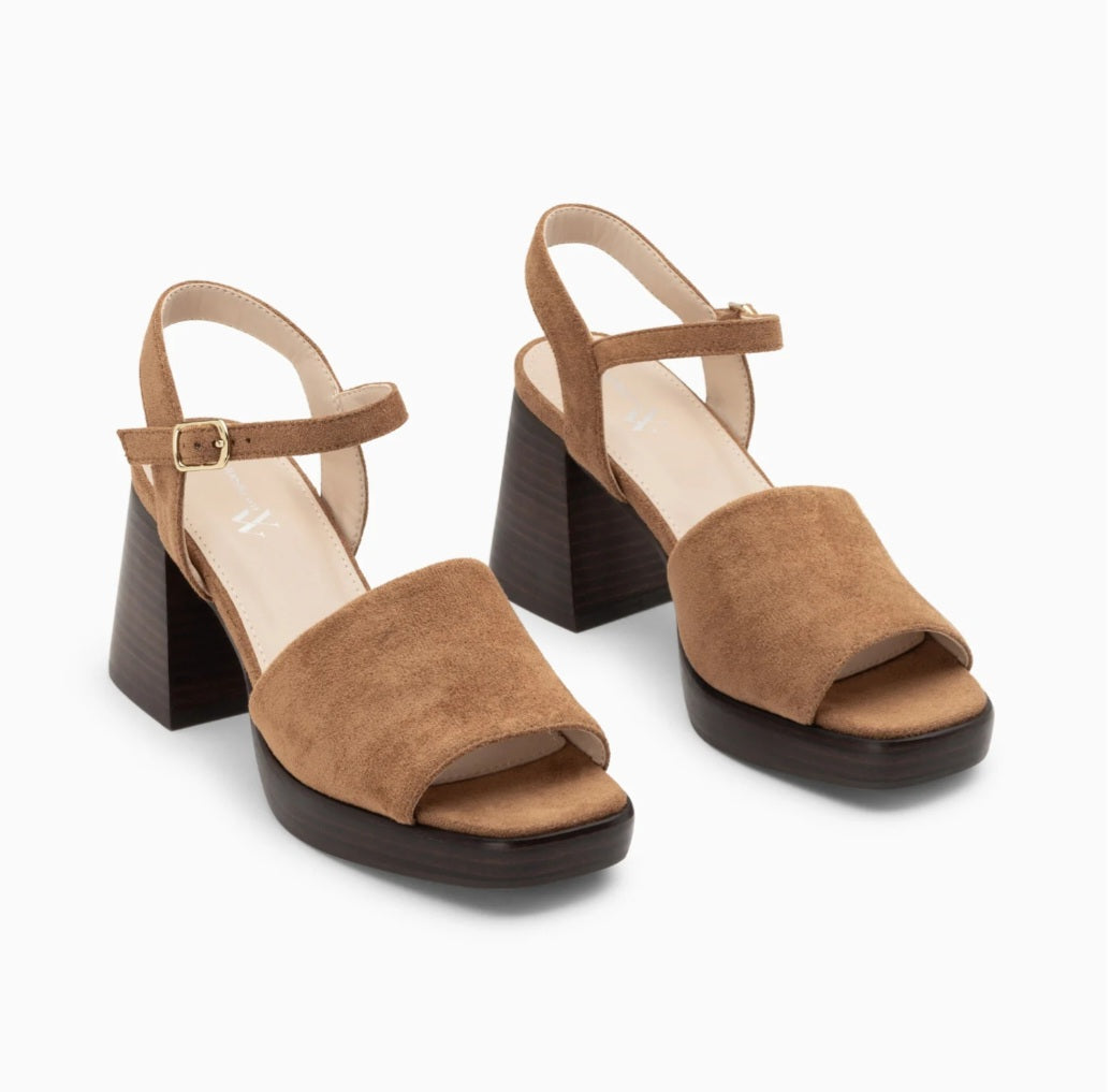 Tyrah camel platform sandals with wooden heel