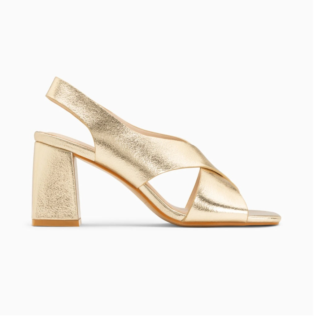 Lauren gold sandals with crossed straps and high heel