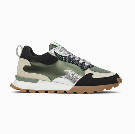 Louisa khaki and silver flame sneakers with running sole