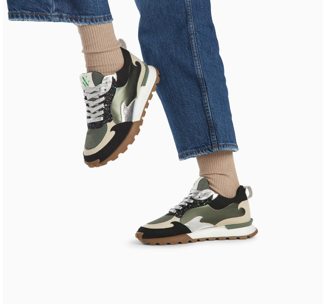 Louisa khaki and silver flame sneakers with running sole