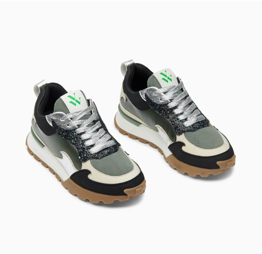 Louisa khaki and silver flame sneakers with running sole
