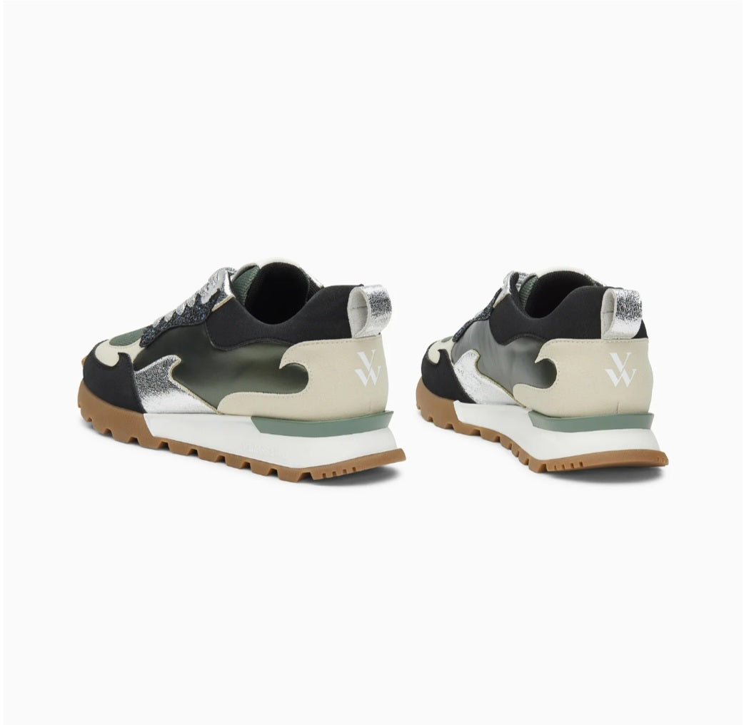 Louisa khaki and silver flame sneakers with running sole