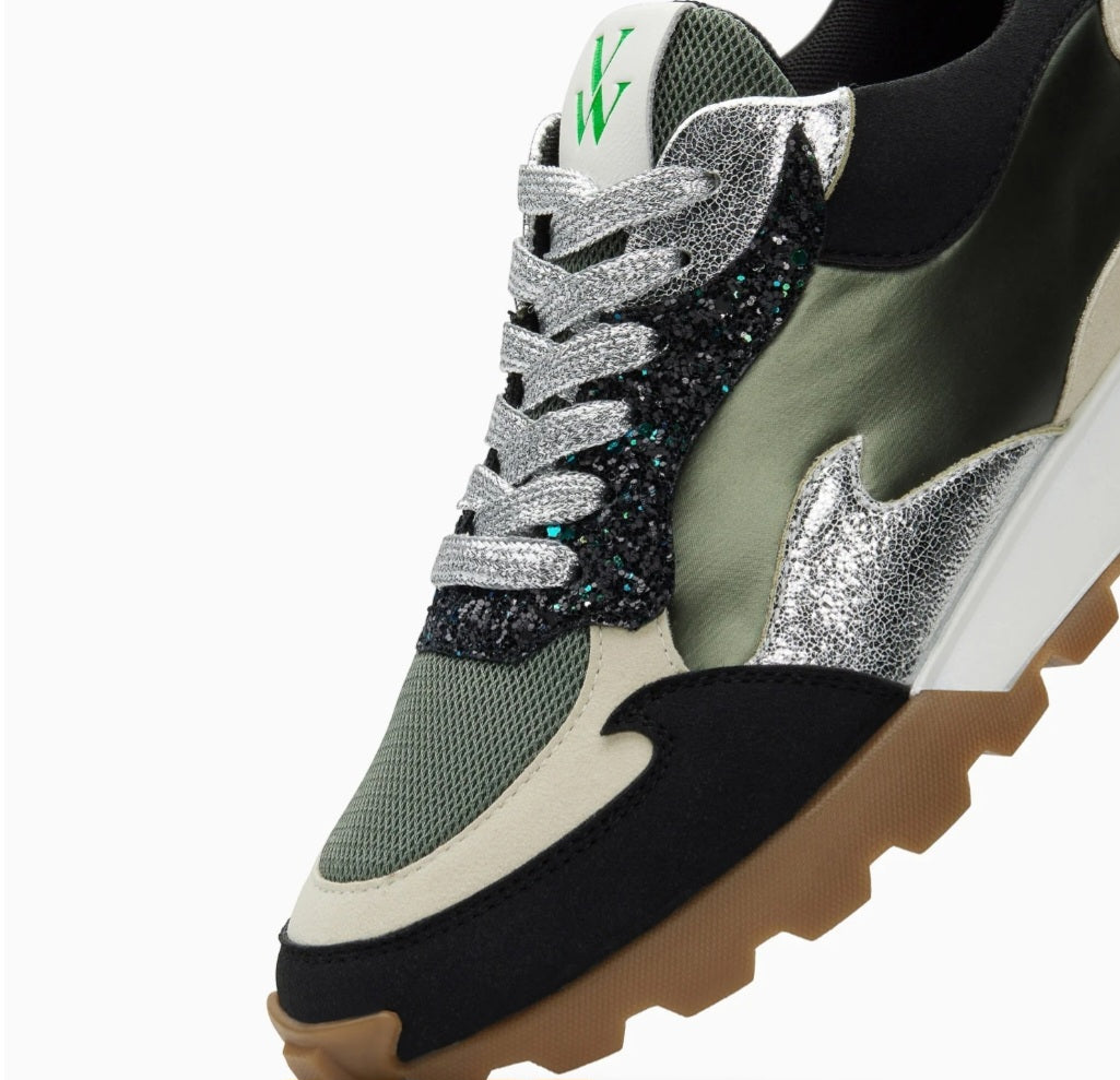 Louisa khaki and silver flame sneakers with running sole