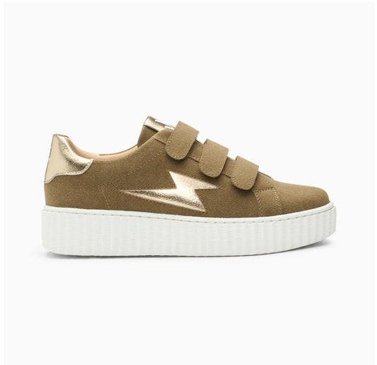 Alison khaki and gold velcro lightning sneakers