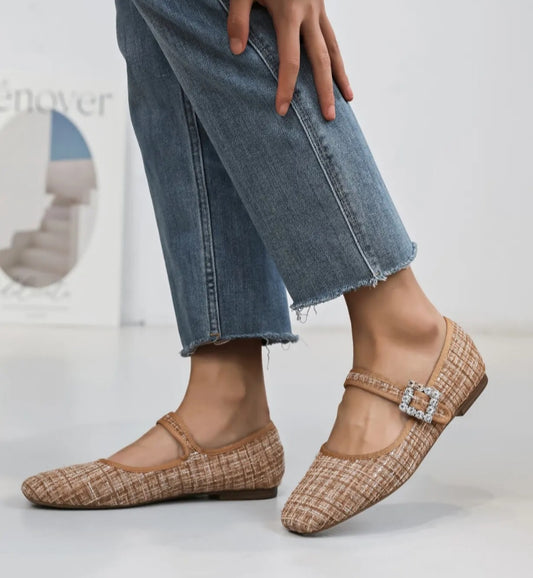 Camel tweed babbies ballerinas
