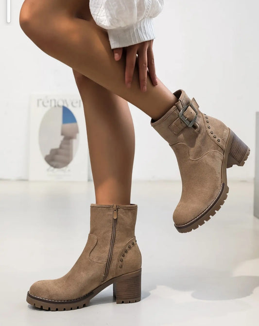 Taupe buckle biker boots