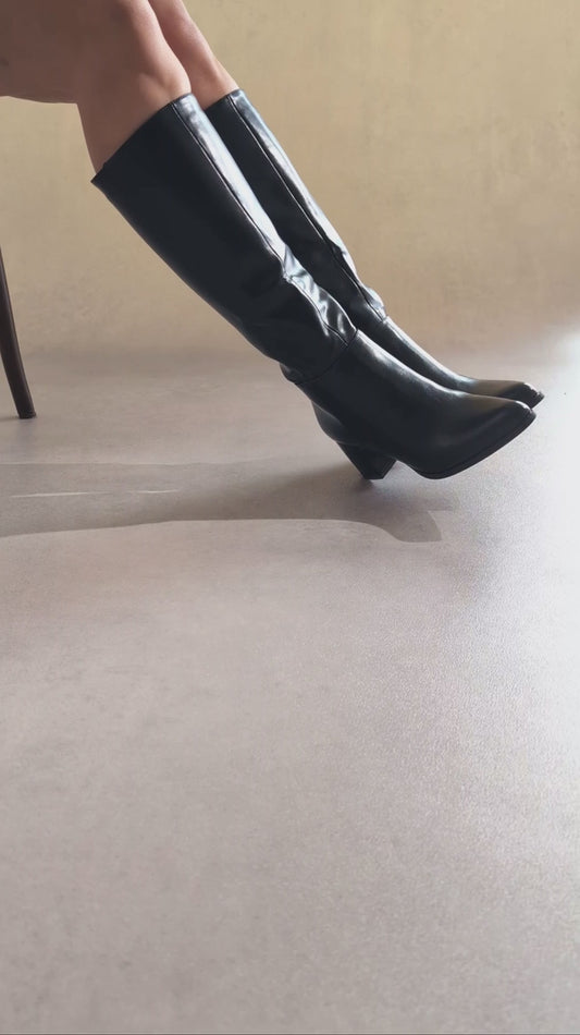 Bottes hautes à talon bloc – Simili cuir Noir