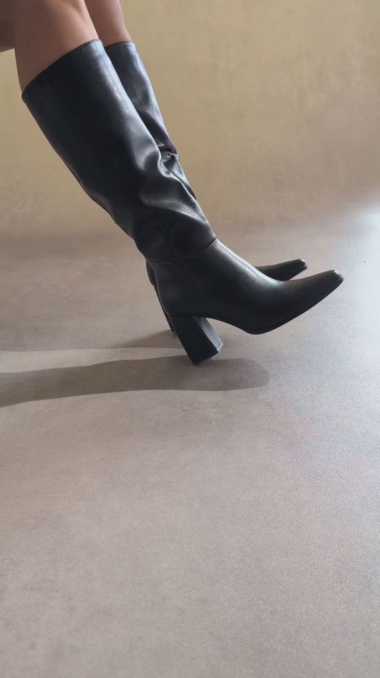 Bottes hautes à talon bloc – Simili cuir Noir