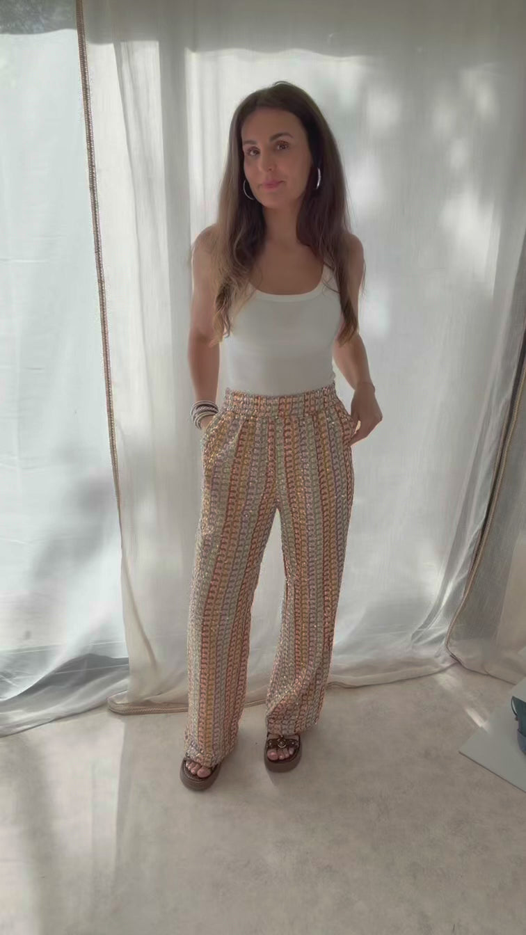 Pantalon bohème crochet multicolore à sequins