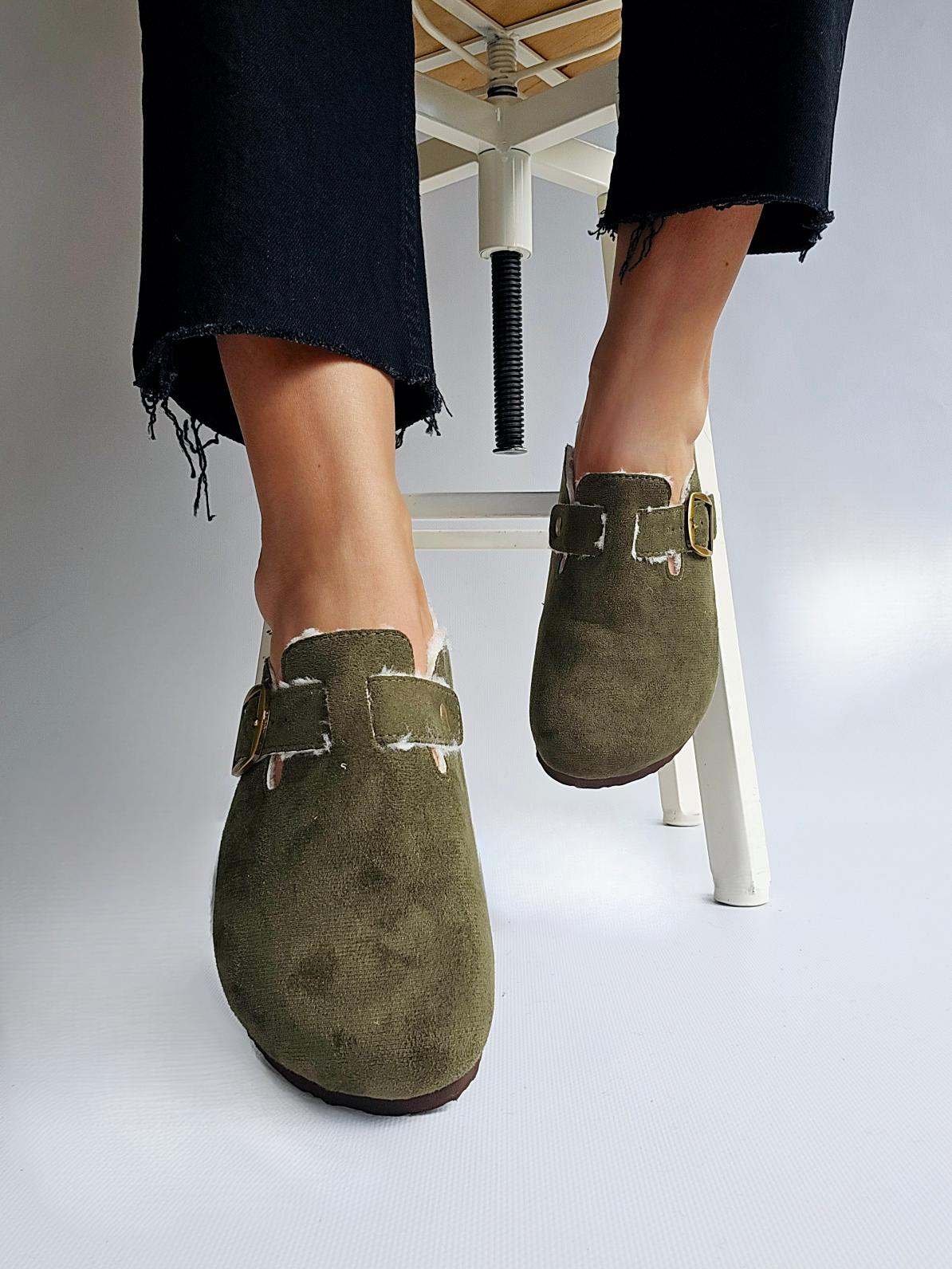 Mules sabot fourrées à boucle Kaki