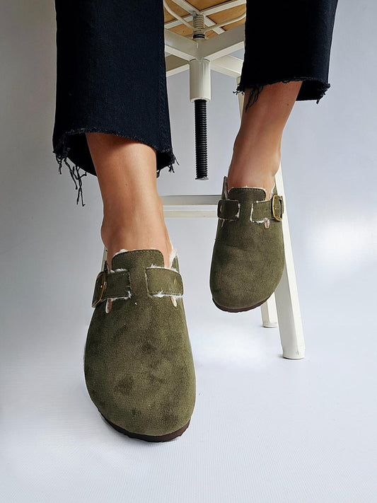 Mules sabot fourrées à boucle Kaki