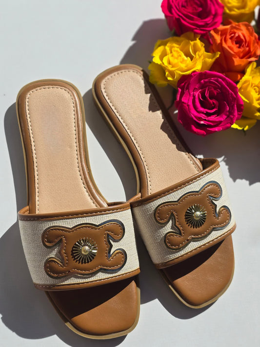 Mules claquettes CC Beige & camel