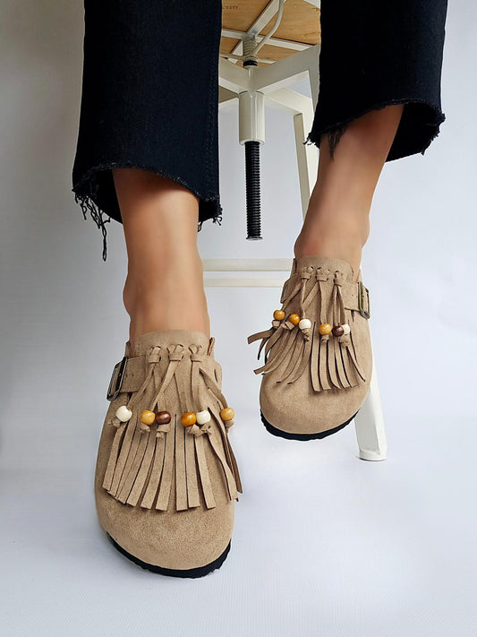 Mules sabot avec frange perles amovible Taupe
