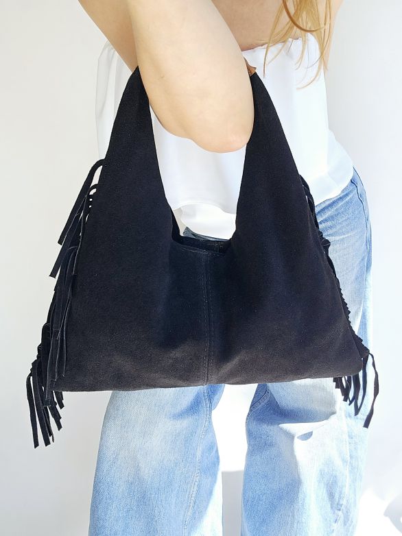 Sac Frange porté mains daim Noir