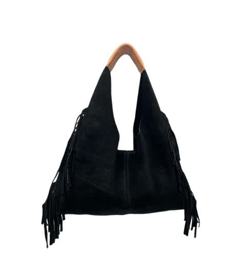 Sac Frange porté mains daim Noir