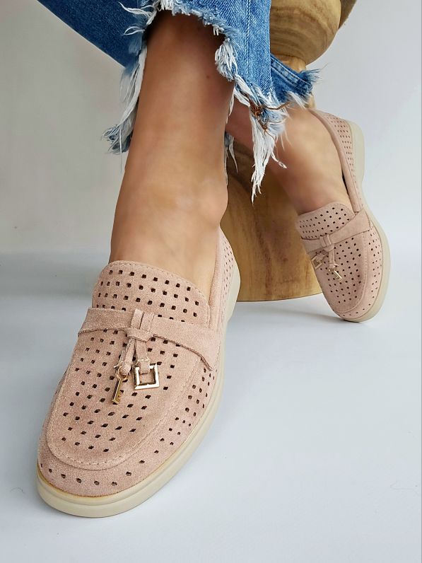 Mocassins ajourés ornements clé doré Rose pastel