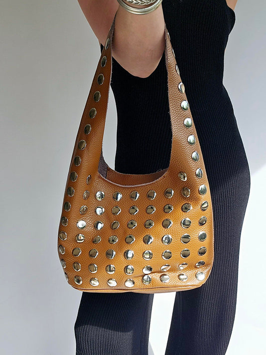 Sac rivets cuir grainé Camel