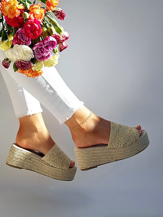 Mules espadrilles plateau Naturel & liseré Doré