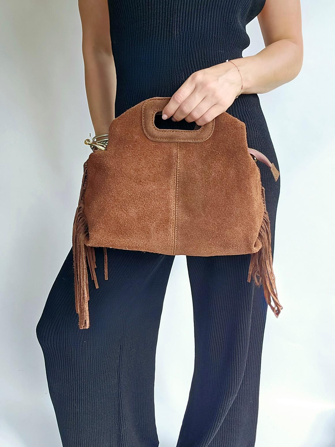 Sac frange bandouillère rivets Camel foncé