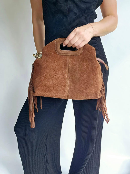Sac frange bandouillère rivets Camel foncé