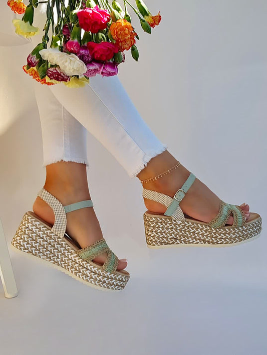 Espadrilles Compensées bride H Brodée Vert