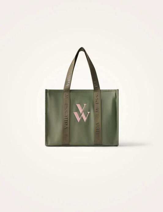 Sac cabas CARLA en toile kaki & broderie rose – Vanessa Wu