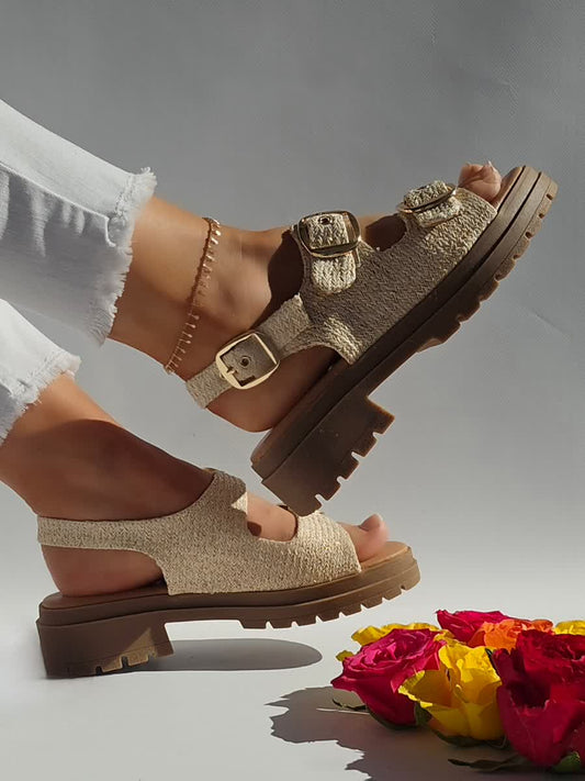 Sandales doubles boucles Toile Beige liseré Doré