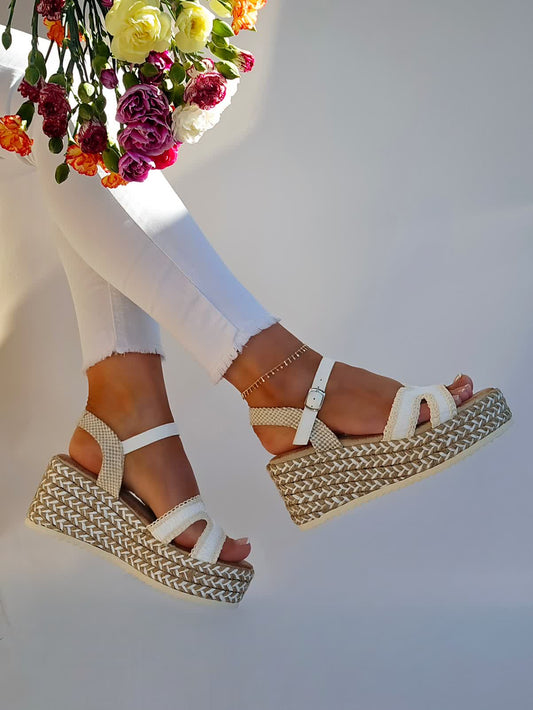 Espadrilles Compensées bride H Brodée Blanc