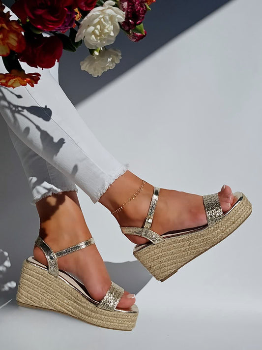 Sandales Compensées espadrilles tresses Doré