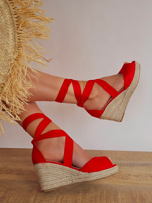 Espadrilles compensées laçage Rouge
