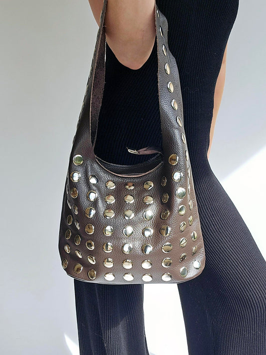 Sac rivets cuir grainé Marron