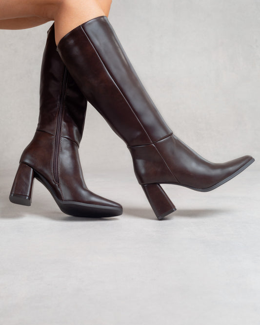 Bottes hautes à talon bloc – Simili cuir Chocolat