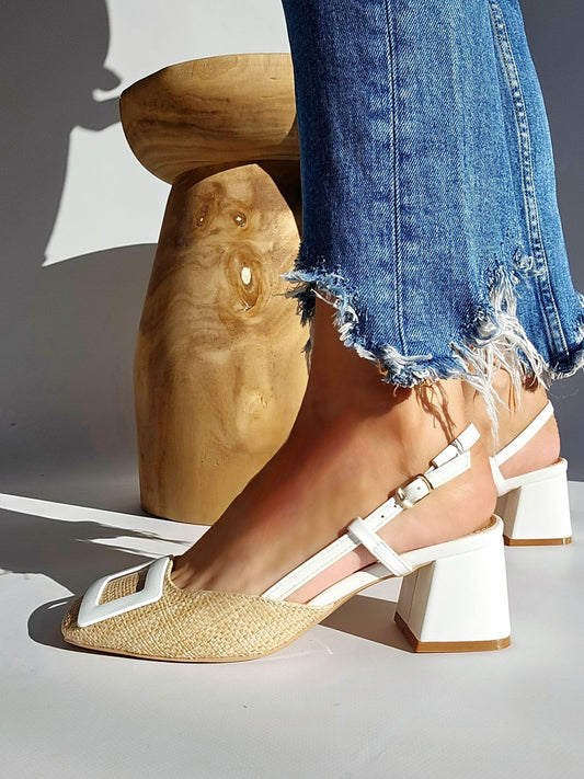 Escarpins slingbacks raphia Blanc