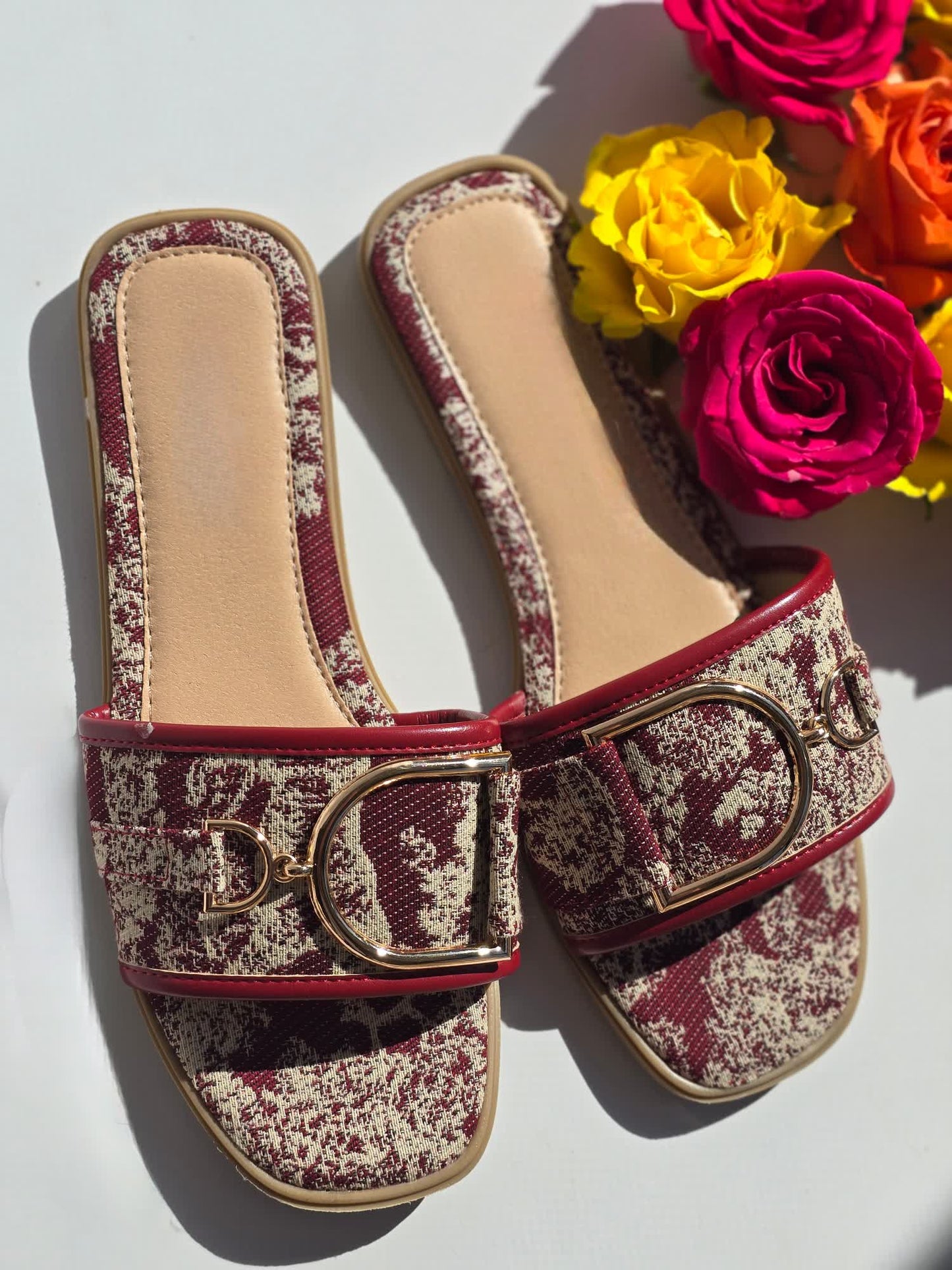 Mules claquettes toile de jouy Rouge