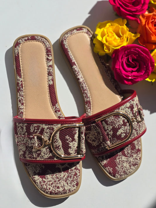 Mules claquettes toile de jouy Rouge