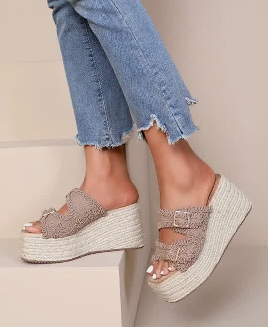 Mules espadrilles plateau doubles boucles Dentelle Taupe