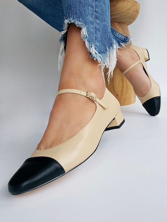 Ballerines babbies petit talon Corina Beige & Noir