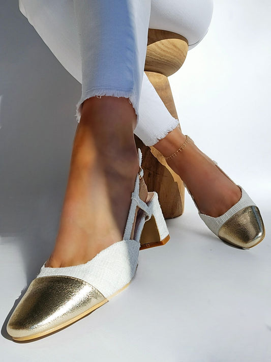Two-tone Beige Tweed Low Heel Pumps