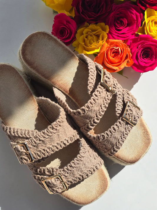 Mules espadrilles plateau doubles boucles Dentelle Taupe