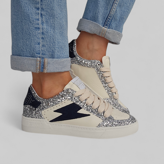 Basket Semerdjian Noubar D429 Cuir crème, Argent & Éclair Bleu Marine