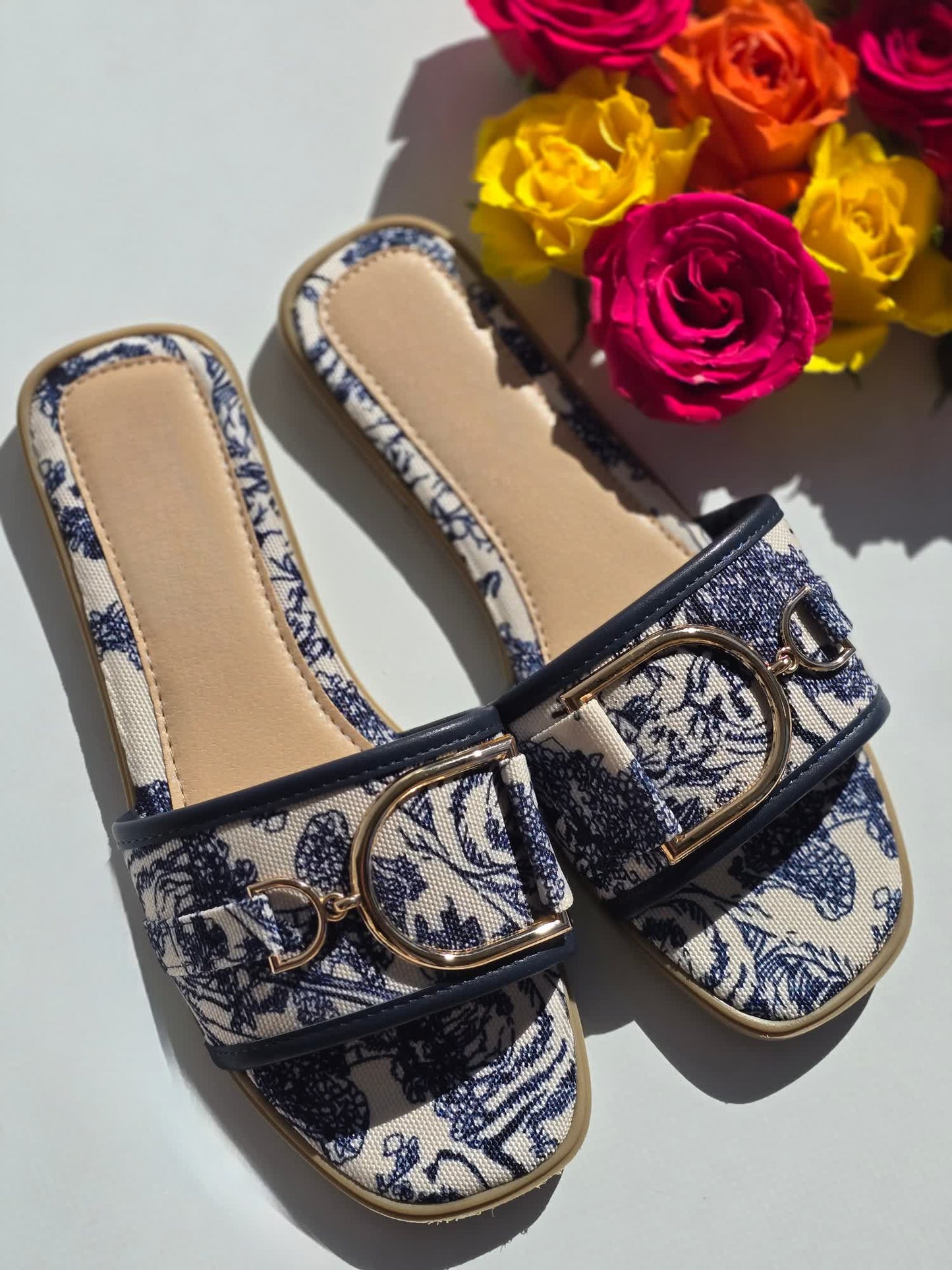 Mules claquettes toile de jouy  Bleu