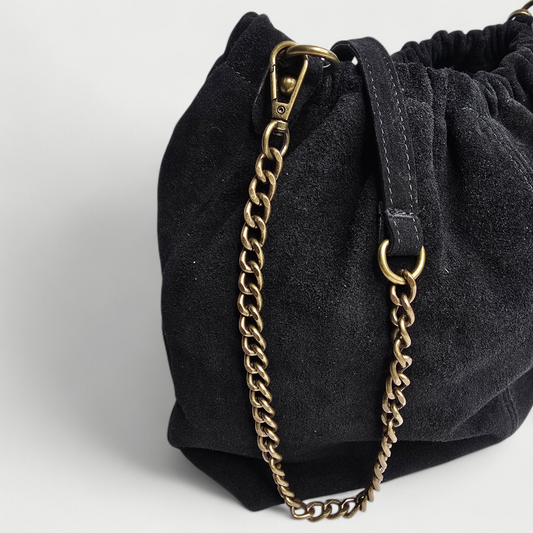 Sac seau double bandoulière - daim Noir