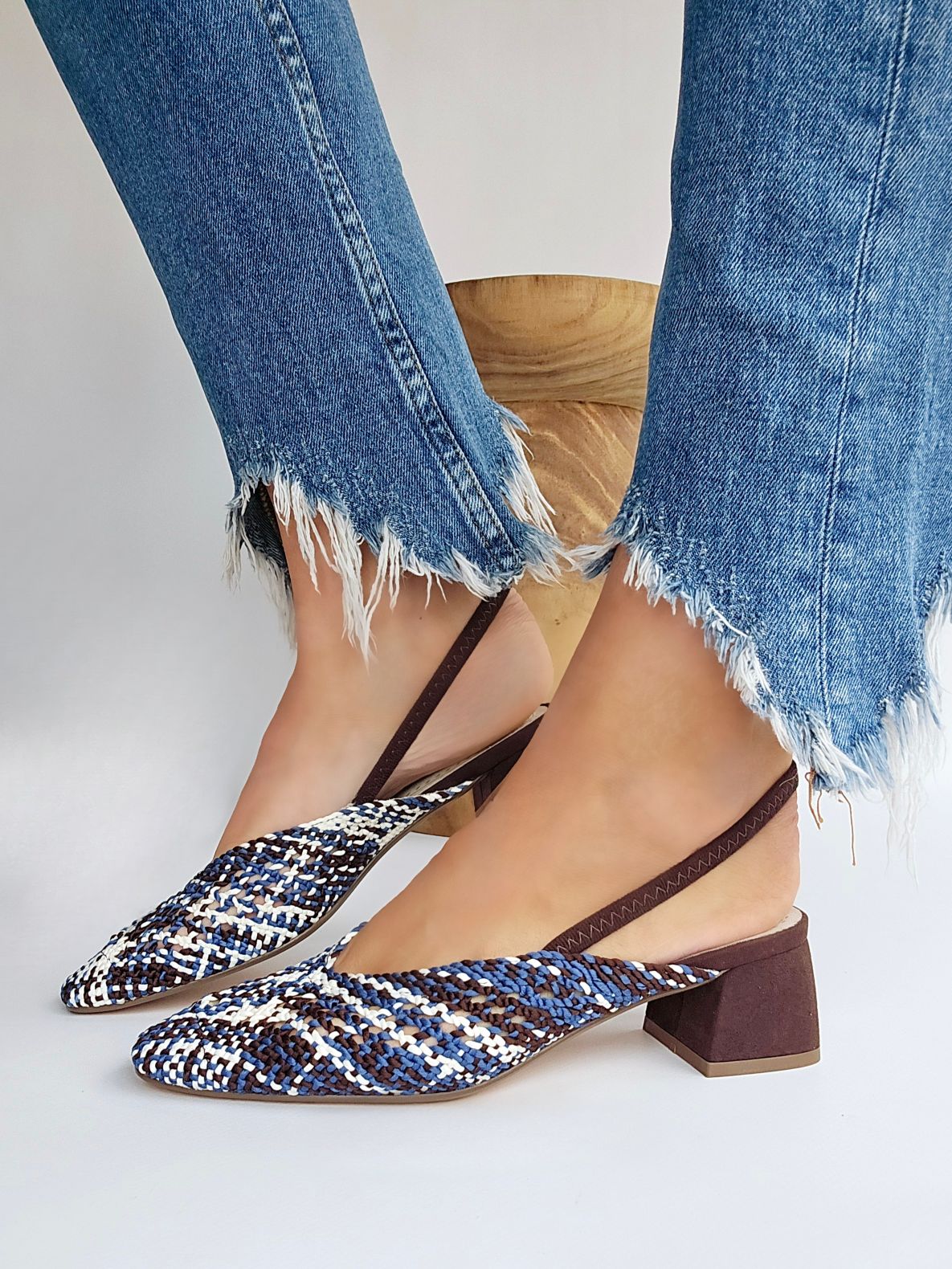 Slingbacks petit talon tressées Corina Marron & Bleu