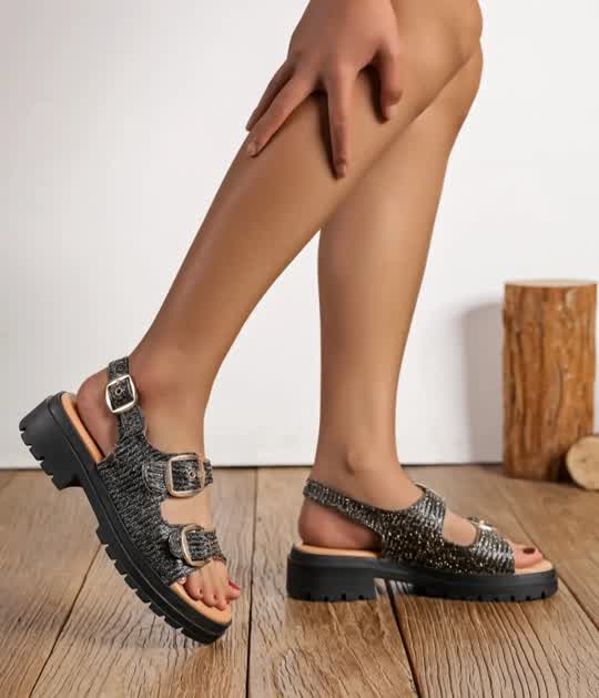Sandales doubles boucles Toile Noir liseré Doré