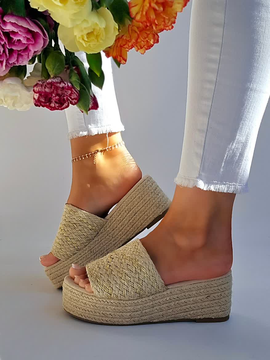 Mules espadrilles plateau Naturel & liseré Doré