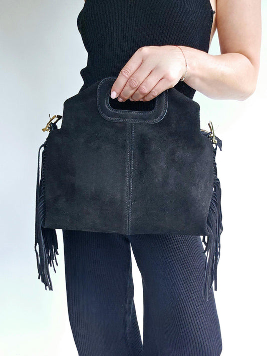 Sac frange bandouillère rivets Grand Noir