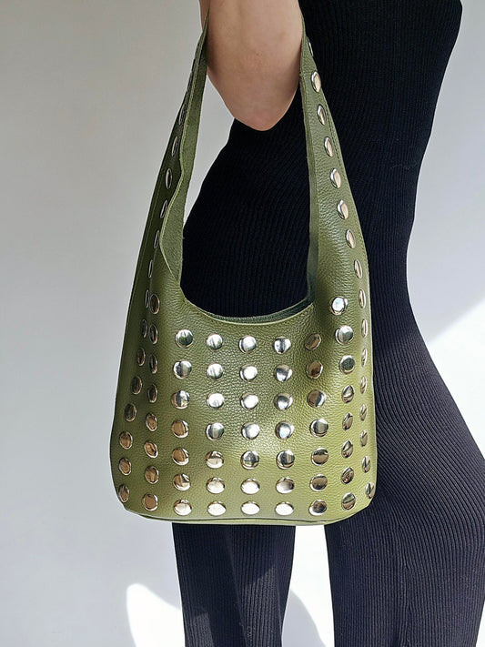 Sac rivets cuir grainé Vert