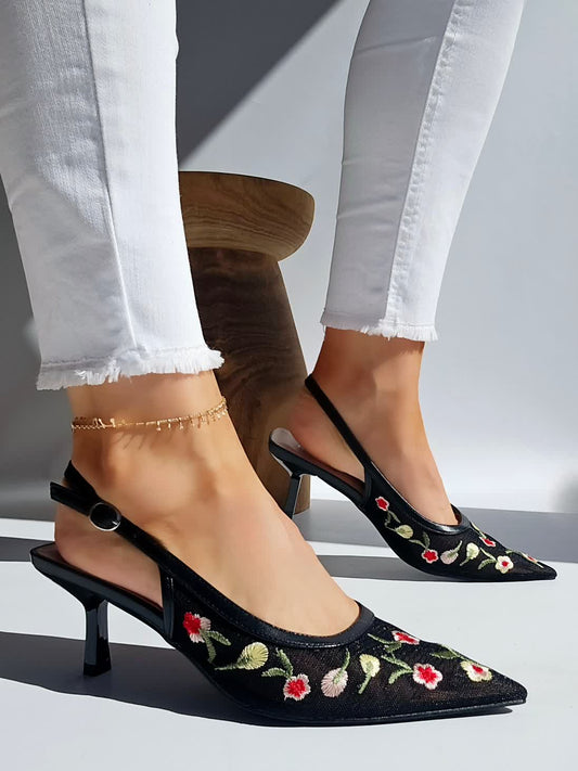 Escarpins petit talon Fleur Noir