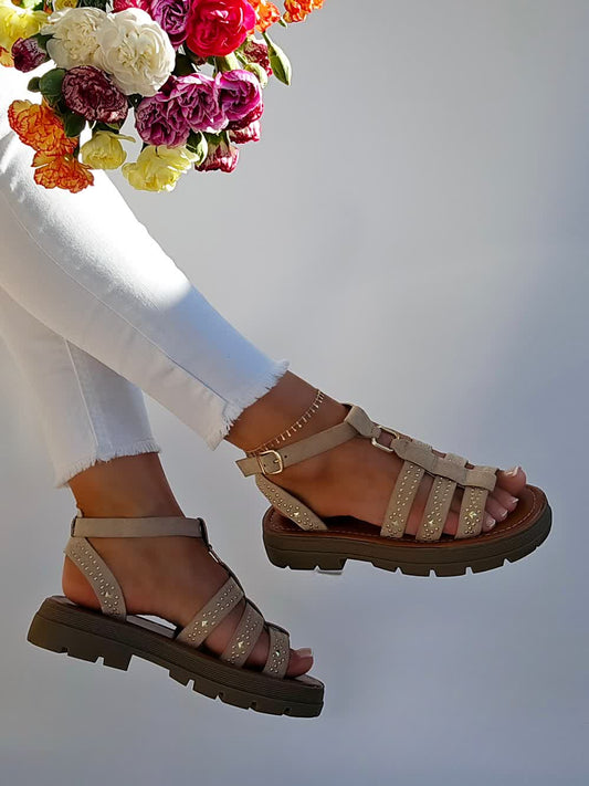 Sandales spartiates details rivets Beige